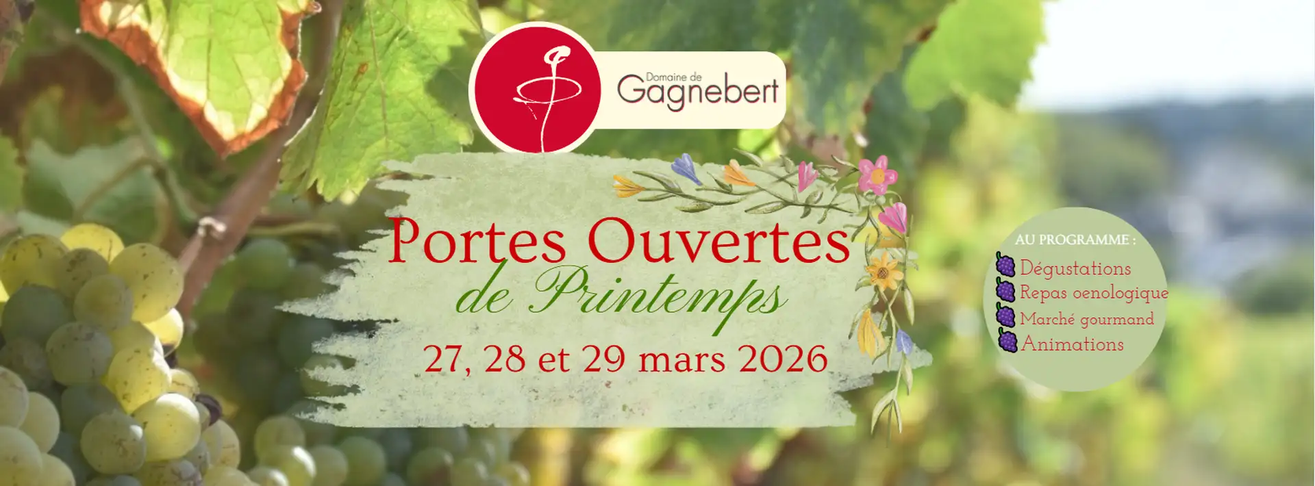 Visuel pour les portes ouvertes de printemps du vignoble. Les 27, 28 et 29 mars 2026